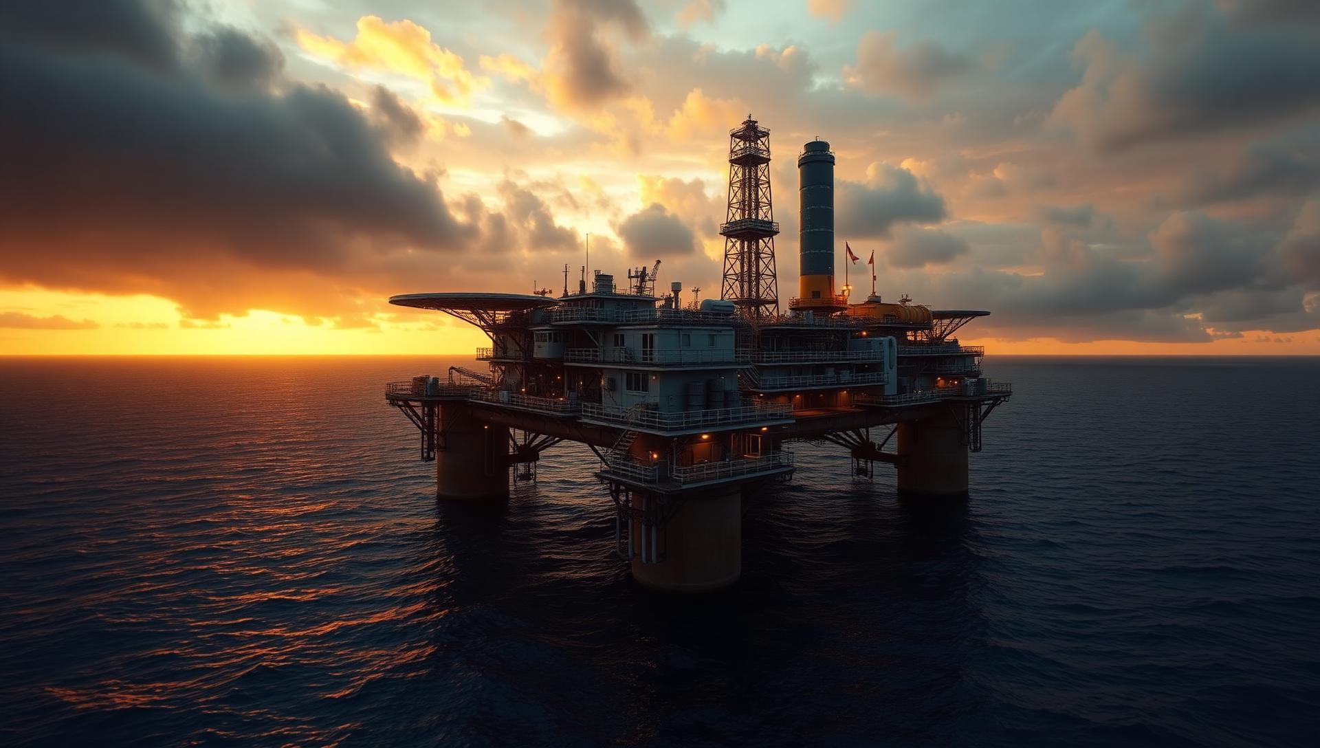 Offshore oil platform at golden hour